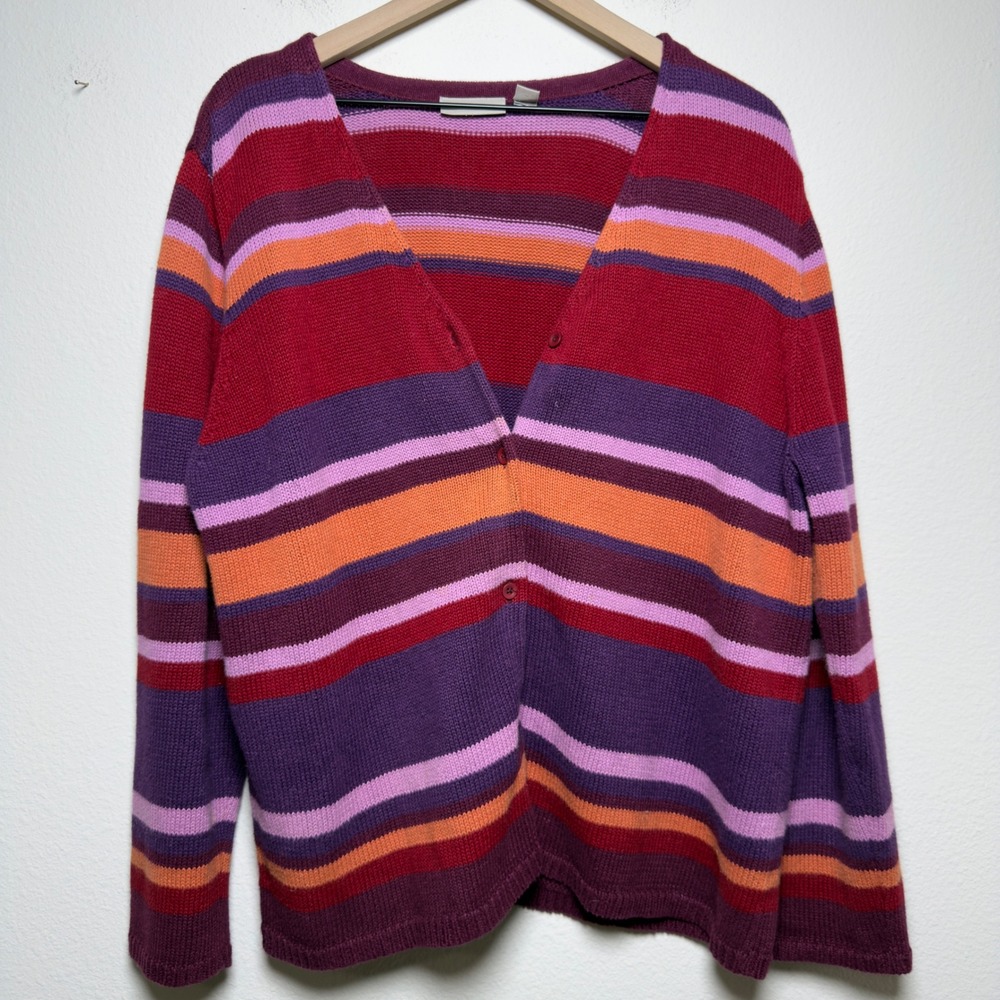 Nordstrom Women Cotton Ramie Cardigan Sweater Large Multi Striped V-Neck Kidcore